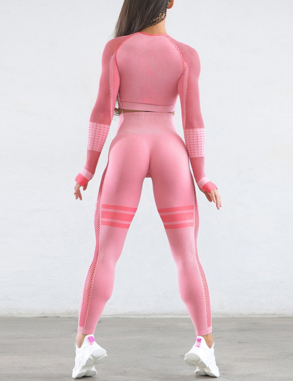 Light Pink Mesh Patchwork Sports Suit Full Sleeve Warm-Up